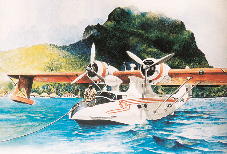 Hydravion Catalina RAI 2 Illustration représentant l'hydravion Catalina de la Régie au mouillage de Bora Bora au milieu des années 1950 © Jean-Louis Saquet